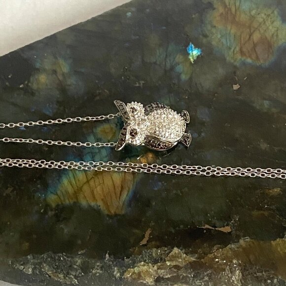 Sterling Silver 925 Black White Owl Single Diamond Pendant Necklace 18" Chain - Picture 5 of 16